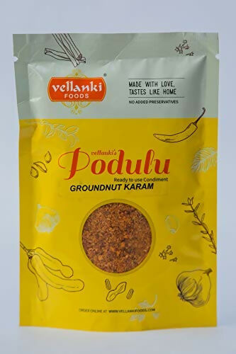 Vellanki Foods chutney powders 4-pack combo with Nalla Karam, Idli Karam, Kobbari Karam, and Palli Karam in 250g each.