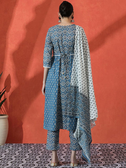 Indyancart SN Women's Floral Embroidered A-Line Pure Cotton Kurta With Trousers & Dupatta