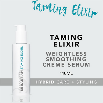 Sebastian Professional Taming Elixir weightless smoothing hair serum in a sleek bottle, designed to tame frizz and add shine.