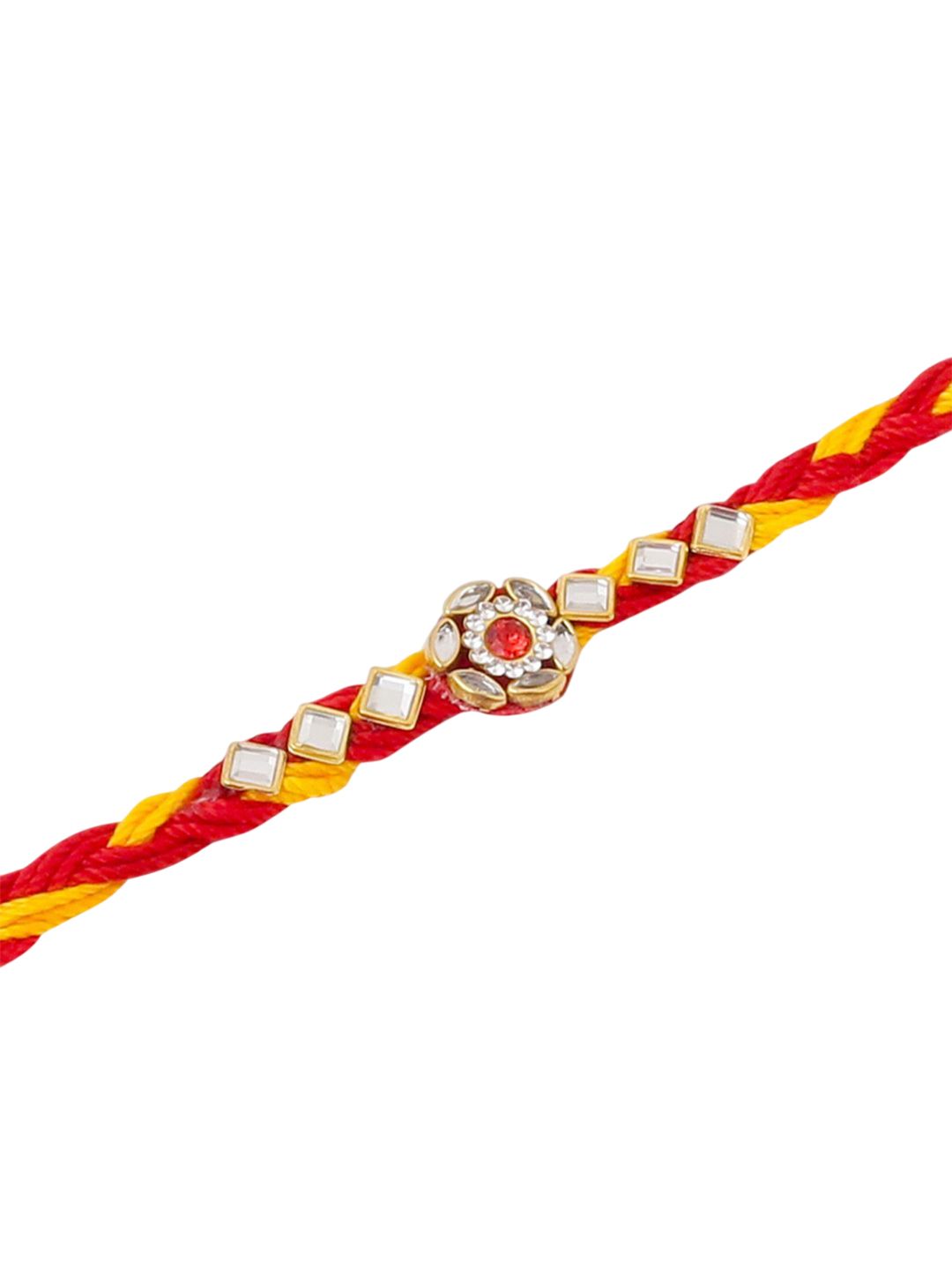 Anouk Men Set Of 3 Red & Yellow Kundan Studded Floral Design Thread Rakhi With Roli Chawal