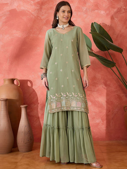Indyancart SN Women's Ethnic Motifs Embroidered V-Neck Kurta & Sharara With Dupatta