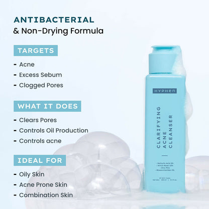 Hyphen by Kriti Sanon acne treatment serums and essences in the CA combo, featuring skincare bottles with dropper caps.