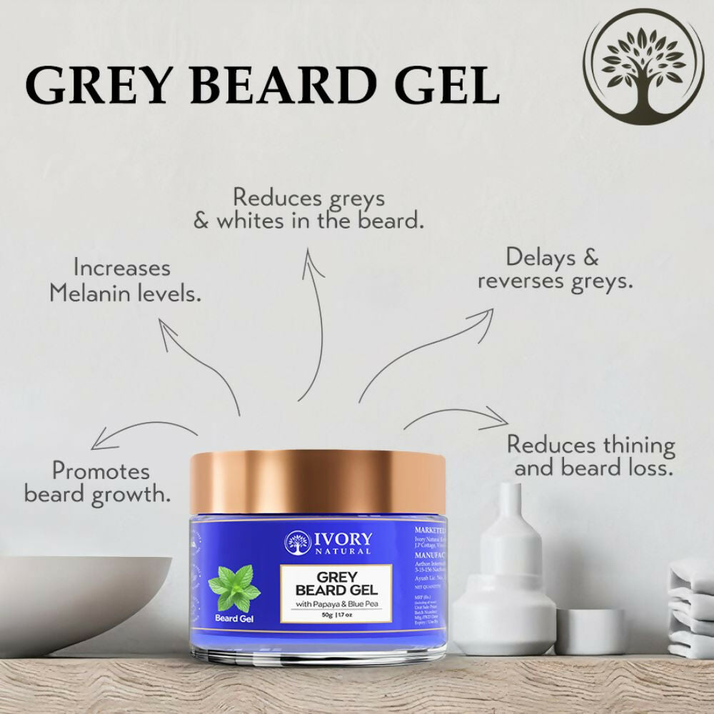 Ivory Natural beard gel in a clear jar, showing a smooth, glossy beard cream for restoring dark shine and vibrancy to beards.