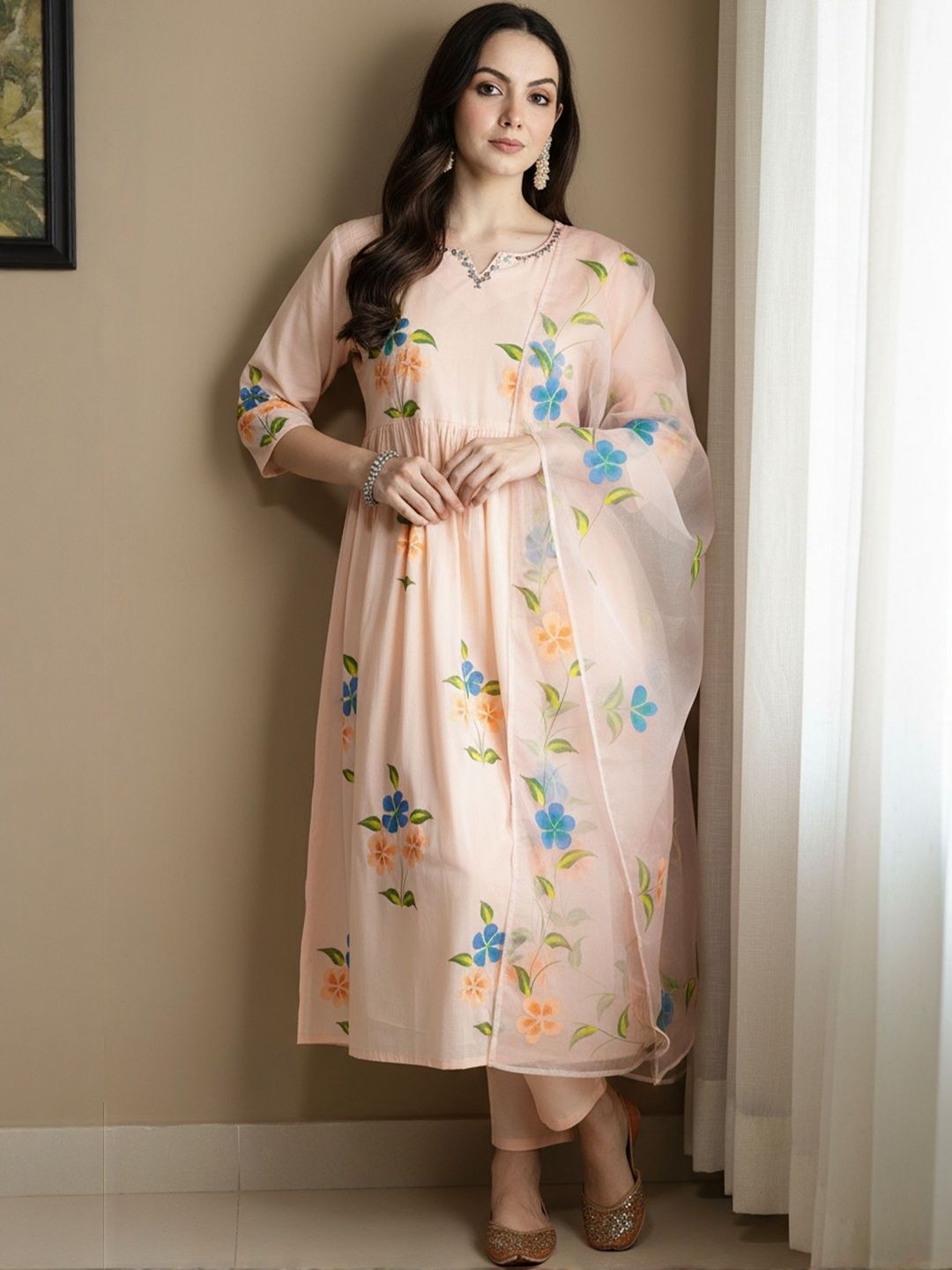 Floral Printed V-Neck Empire Pure Cotton A-Line Kurta With Trousers & Dupatta