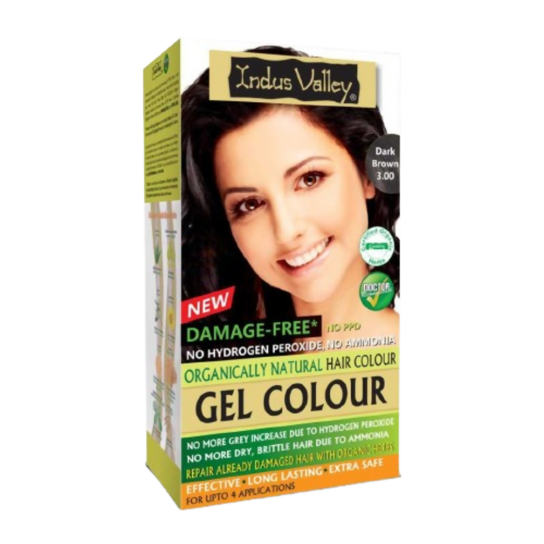 Indus Valley Damage-Free Gel Hair Color in dark brown, showcasing the gel formula and rich color texture.