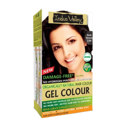 Indus Valley Damage-Free Gel Hair Color in dark brown, showcasing the gel formula and rich color texture.