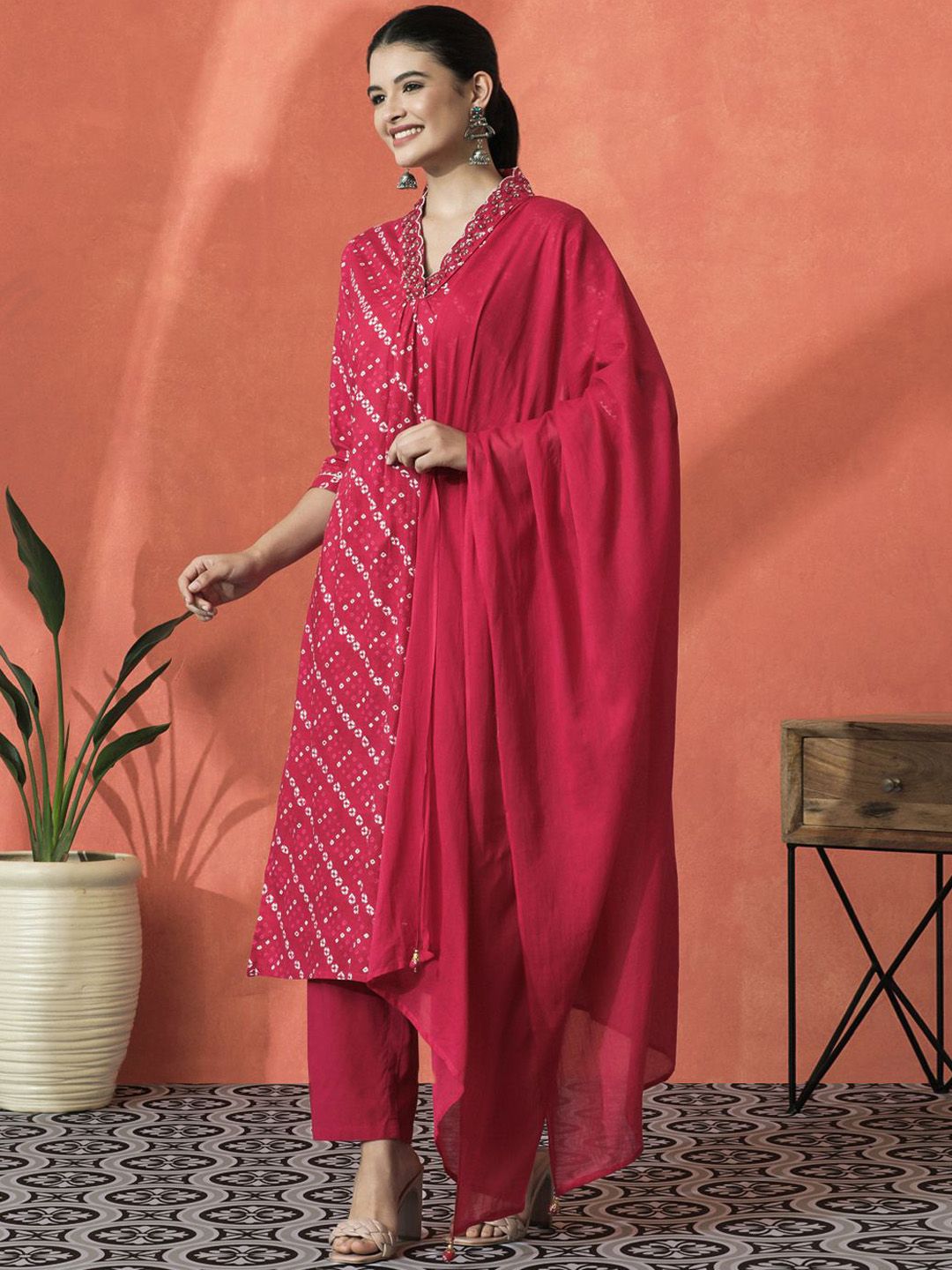 Indyancart SN Women's Bandhani Printed V-Neck Pleated Pure Cotton Straight Kurta With Trouser & Dupatta
