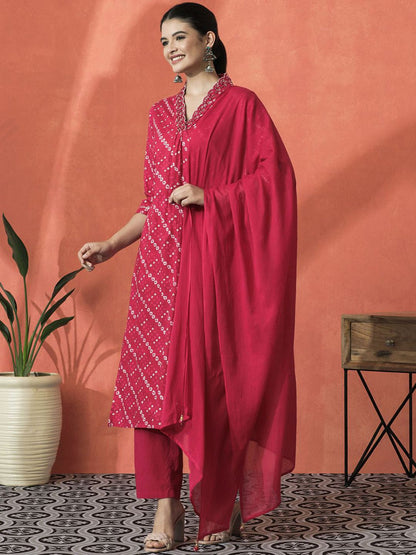 Indyancart SN Women's Bandhani Printed V-Neck Pleated Pure Cotton Straight Kurta With Trouser & Dupatta