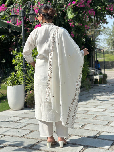 Indyancart VV Vira White Kurta and Pant Dupatta Sets Silk Blend Fabrics with Embroidery