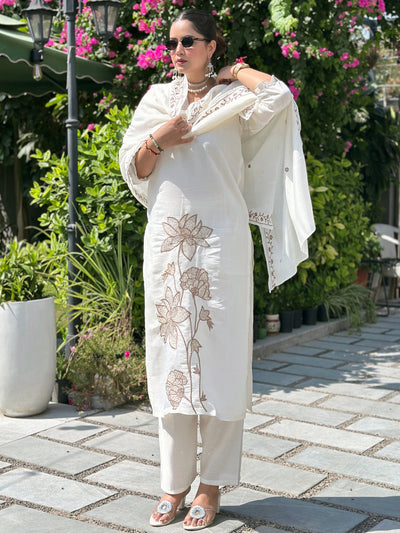 Indyancart VV Vira White Kurta and Pant Dupatta Sets Silk Blend Fabrics with Embroidery