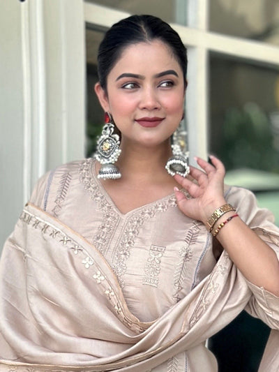Indyancart VV Smira Beige Kurta and Pant Dupatta Sets Silk Blend Fabrics with Embroidery