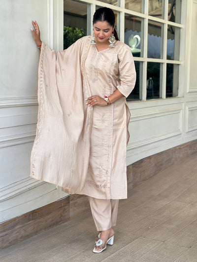 Indyancart VV Smira Beige Kurta and Pant Dupatta Sets Silk Blend Fabrics with Embroidery
