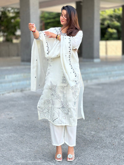 Indyancart VV Shruta White Kurta and Pant Dupatta Sets Silk Blend Fabrics with Embroidery
