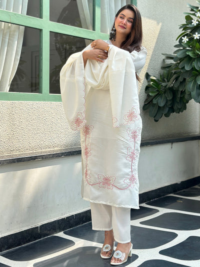 Indyancart VV Leona White Embroidred Kurta Sets with Heavy thread Work Women Suits