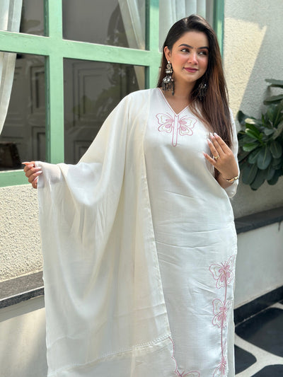 Indyancart VV Leona White Embroidred Kurta Sets with Heavy thread Work Women Suits