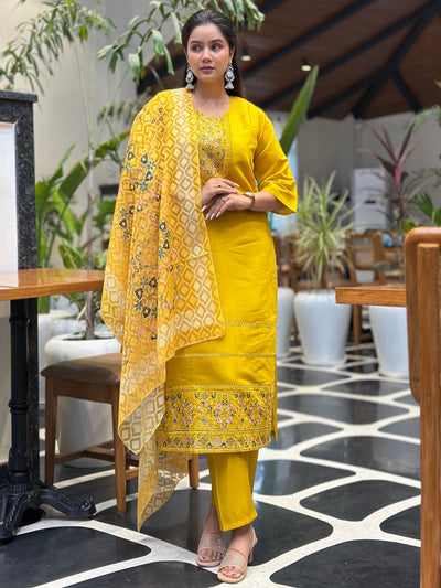Indyancart VV Tivra Yellow Women Kurta and Pant Dupatta Sets Silk Fabrics with Embroidery