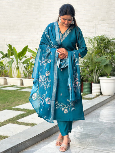 Indyancart VV Kivra Teal Women Kurta and Pant Dupatta Sets Silk Fabrics with Embroidery