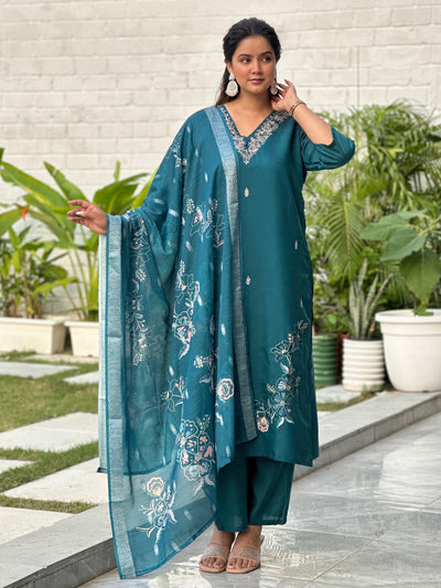 Indyancart VV Kivra Teal Women Kurta and Pant Dupatta Sets Silk Fabrics with Embroidery