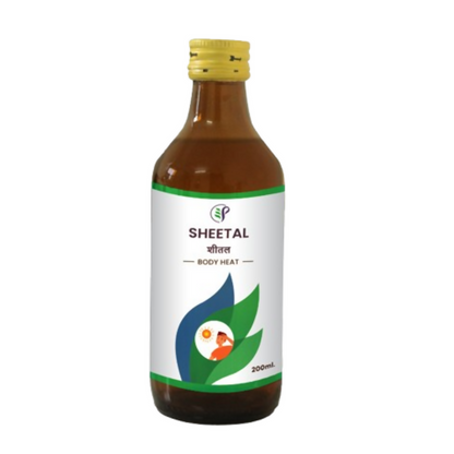 Pathak Ayurvedic Pharmacy Sheetal Ayurvedic syrup bottle with label, designed to help regulate body heat and promote wellness.