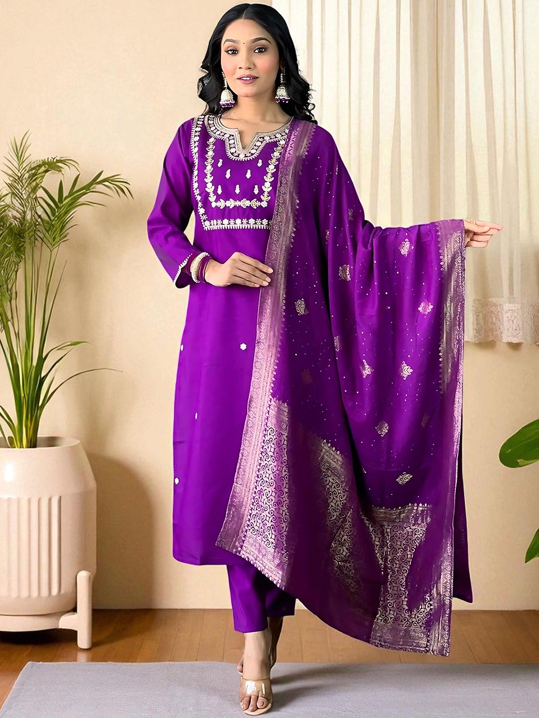 Indyancart SN Women's Embroidered Pure Cotton Kurta & Trousers With Dupatta