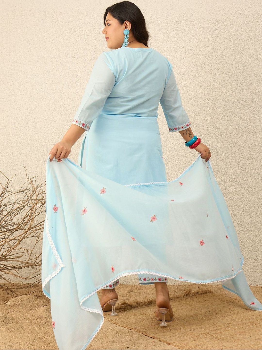 Indyancart Women's Floral Embroidered Regular Thread Work Pure Cotton Kurta with Trousers & With Dupatta