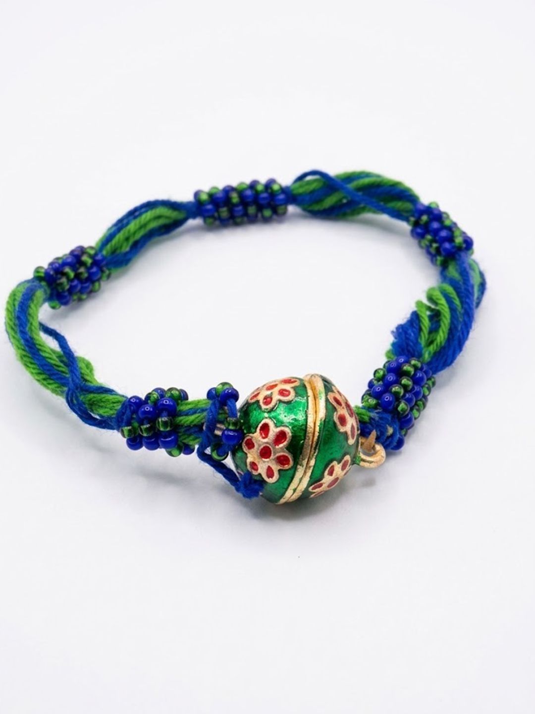 Anouk Magnetic Opening Blue Meenakari Work Thread Rakhi With Roli Chawal Chandan Mishri