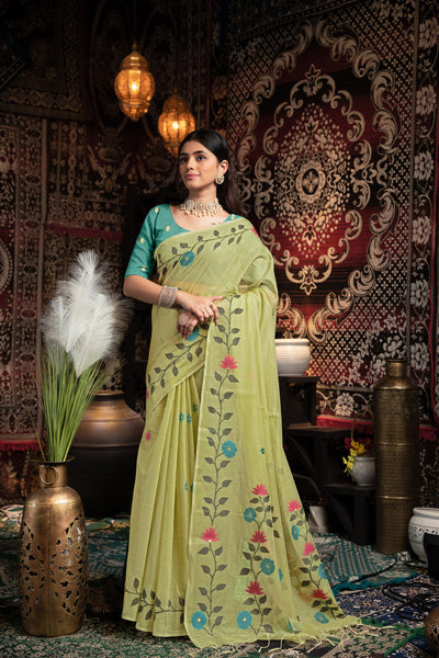 Indyancart GR Women's Daisy Green Muslin Cotton Jamdani Saree With Contrast Blouse