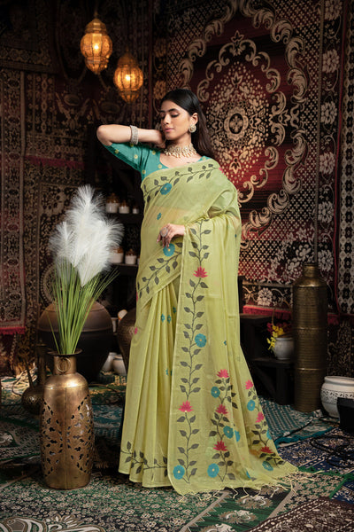 Indyancart GR Women's Daisy Green Muslin Cotton Jamdani Saree With Contrast Blouse