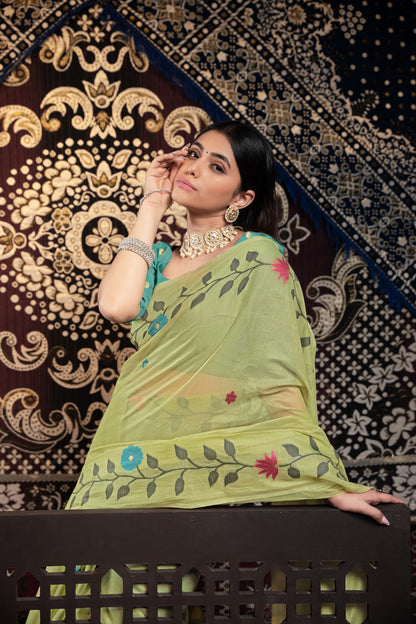 Dhiyona GR Women's Daisy Green Muslin Cotton Jamdani Saree With Contrast Blouse