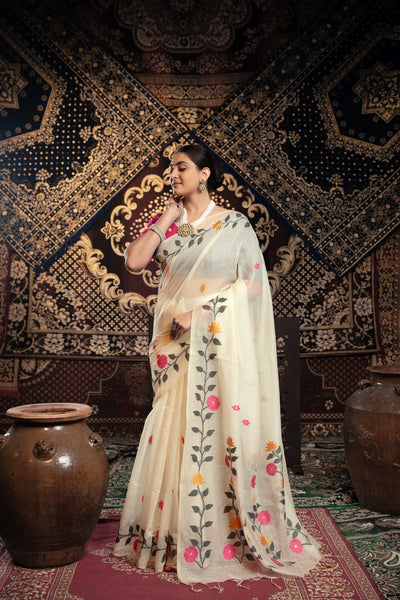 Indyancart GR Women's Daisy White Muslin Cotton Jamdani Saree With Contrast Blouse