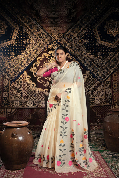Indyancart GR Women's Daisy White Muslin Cotton Jamdani Saree With Contrast Blouse