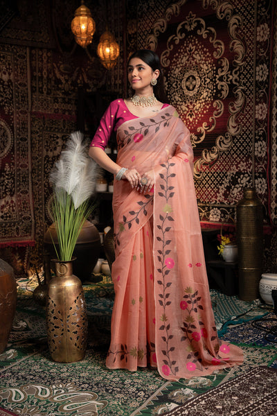 Indyancart GR Women's Daisy Pink Muslin Cotton Jamdani Saree With Contrast Blouse