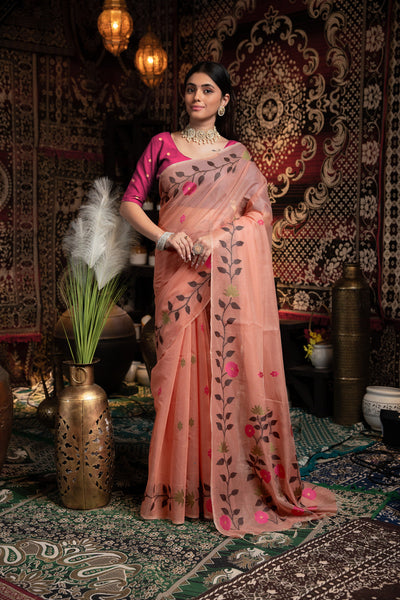 Indyancart GR Women's Daisy Pink Muslin Cotton Jamdani Saree With Contrast Blouse
