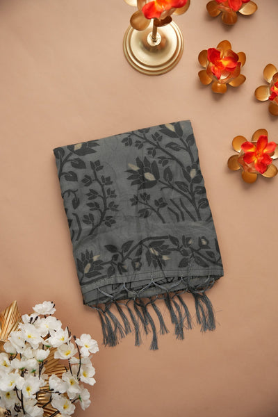 Indyancart GR Women's Trisha Black & Grey Soft Cotton Jamdani Saree