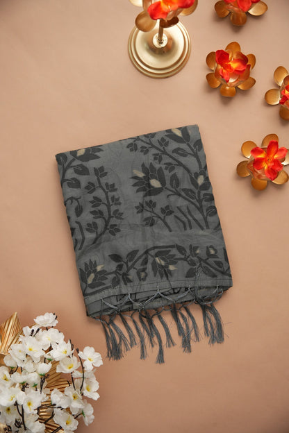 Dhiyona GR Women's Trisha Black & Grey Soft Cotton Jamdani Saree