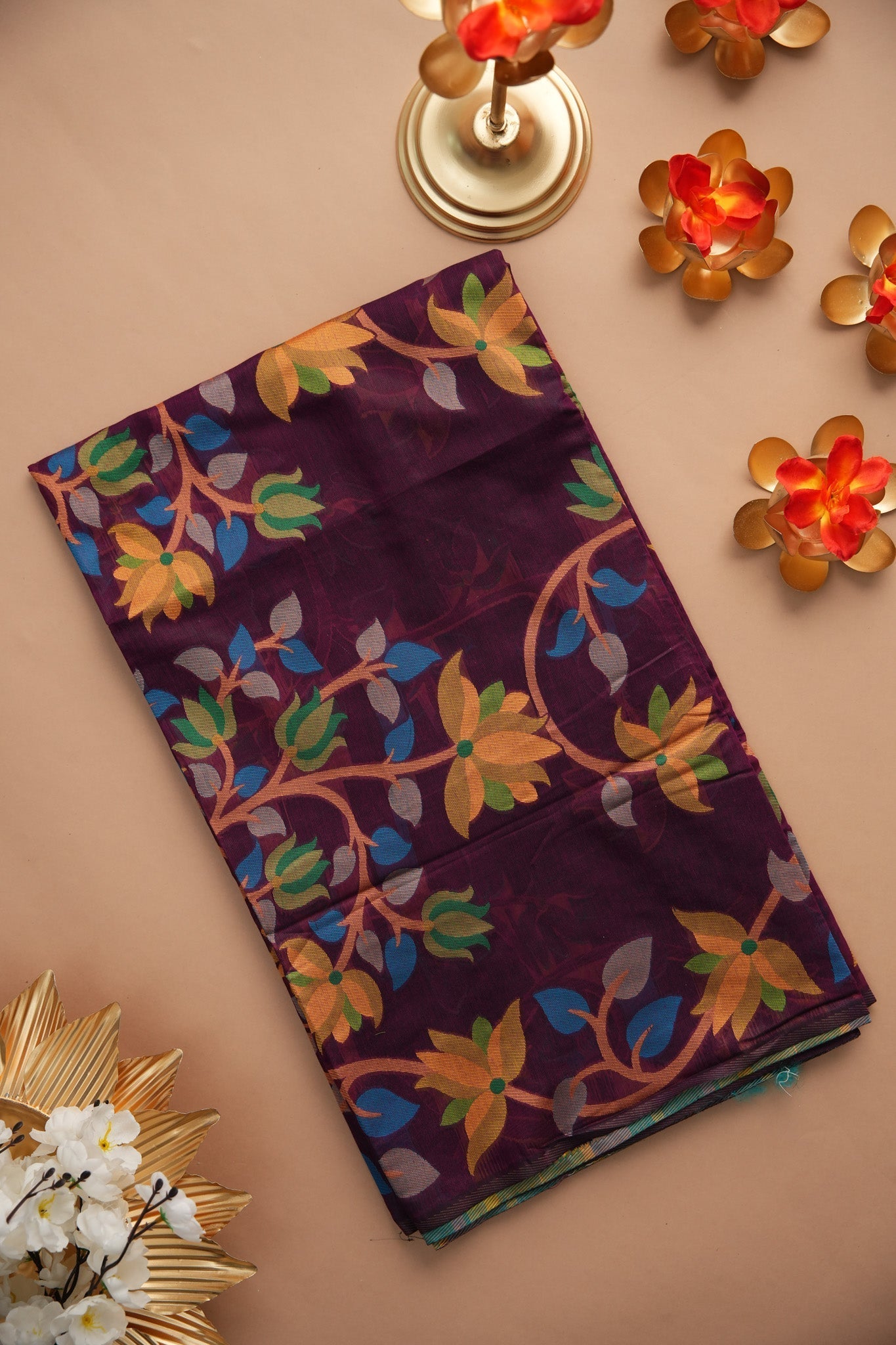 Dhiyona GR Women's Ghazal Classic Couture Wine Cotton Jamdani Saree