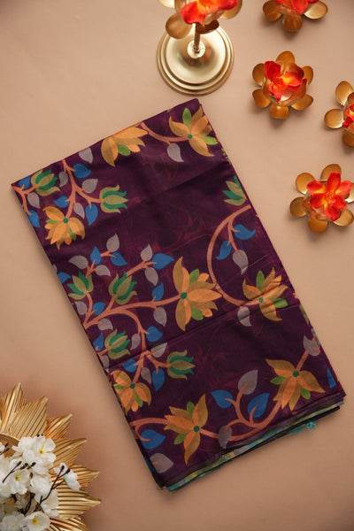 Indyancart GR Women's Ghazal Classic Couture Wine Cotton Jamdani Saree