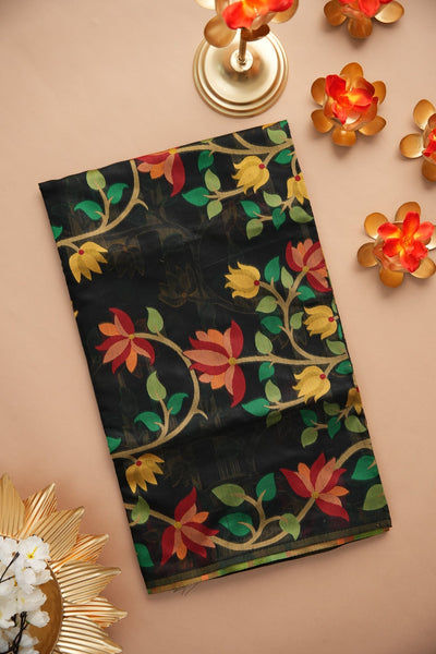 Indyancart GR Women's Ghazal Classic Couture Black Cotton Jamdani Saree