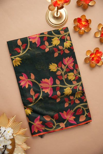 Indyancart GR Women's Ghazal Classic Couture Dark Green Cotton Jamdani Saree
