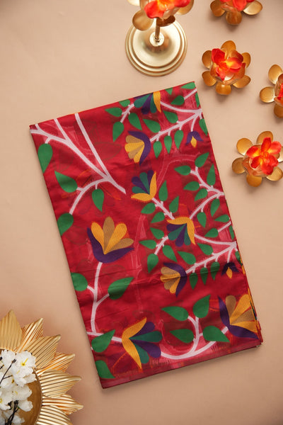 Indyancart GR Women's Kalini Red Retro Rhapsody Organza Jamdani Saree