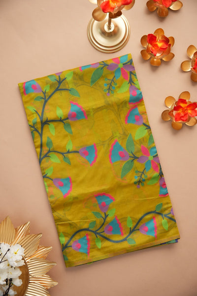 Indyancart GR Women's Kora Silk Olive Green Organza Jamdani Saree
