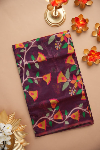 Indyancart GR Women's Kora Silk Wine Organza Jamdani Saree
