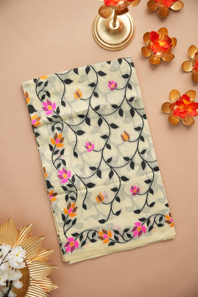 Indyancart GR Women's Soumya Urbanic Elegance Off-White Cotton Jamdani Saree