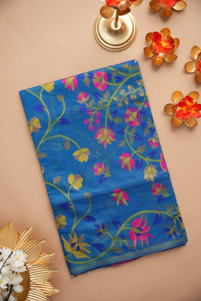 Indyancart GR Women's Kavya Gypsy Glam Blue Cotton Jamdani Saree