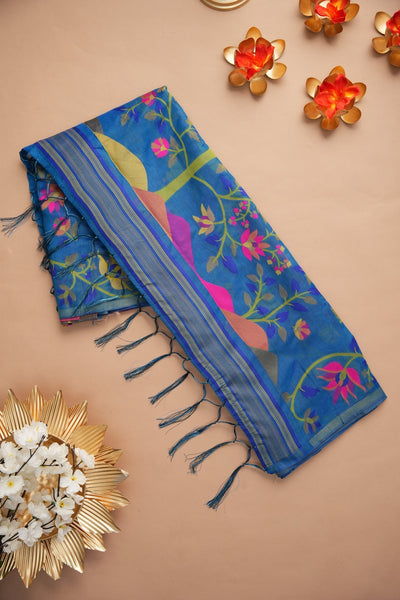 Indyancart GR Women's Kavya Gypsy Glam Blue Cotton Jamdani Saree