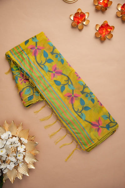 Indyancart GR Women's Ghazal Classic Couture Olive Cotton Jamdani Saree