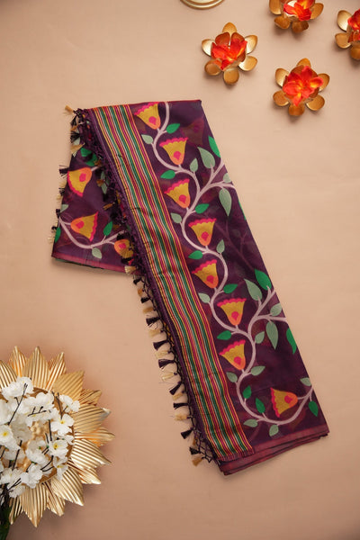 Indyancart GR Women's Kora Silk Wine Organza Jamdani Saree