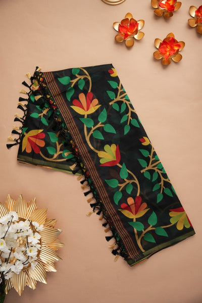 Indyancart GR Women's Kalini Black Retro Rhapsody Organza Jamdani Saree