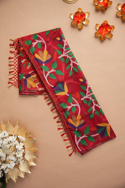 Indyancart GR Women's Kalini Red Retro Rhapsody Organza Jamdani Saree