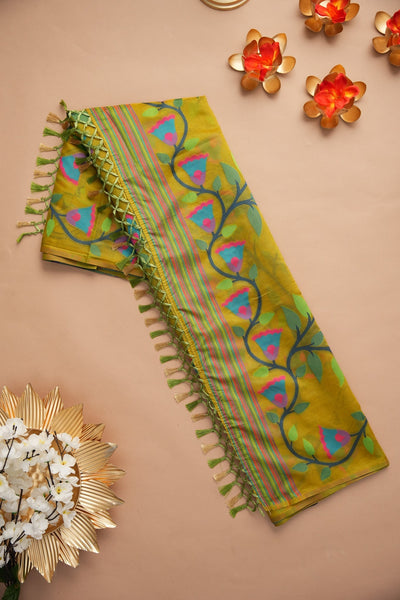 Indyancart GR Women's Kora Silk Olive Green Organza Jamdani Saree